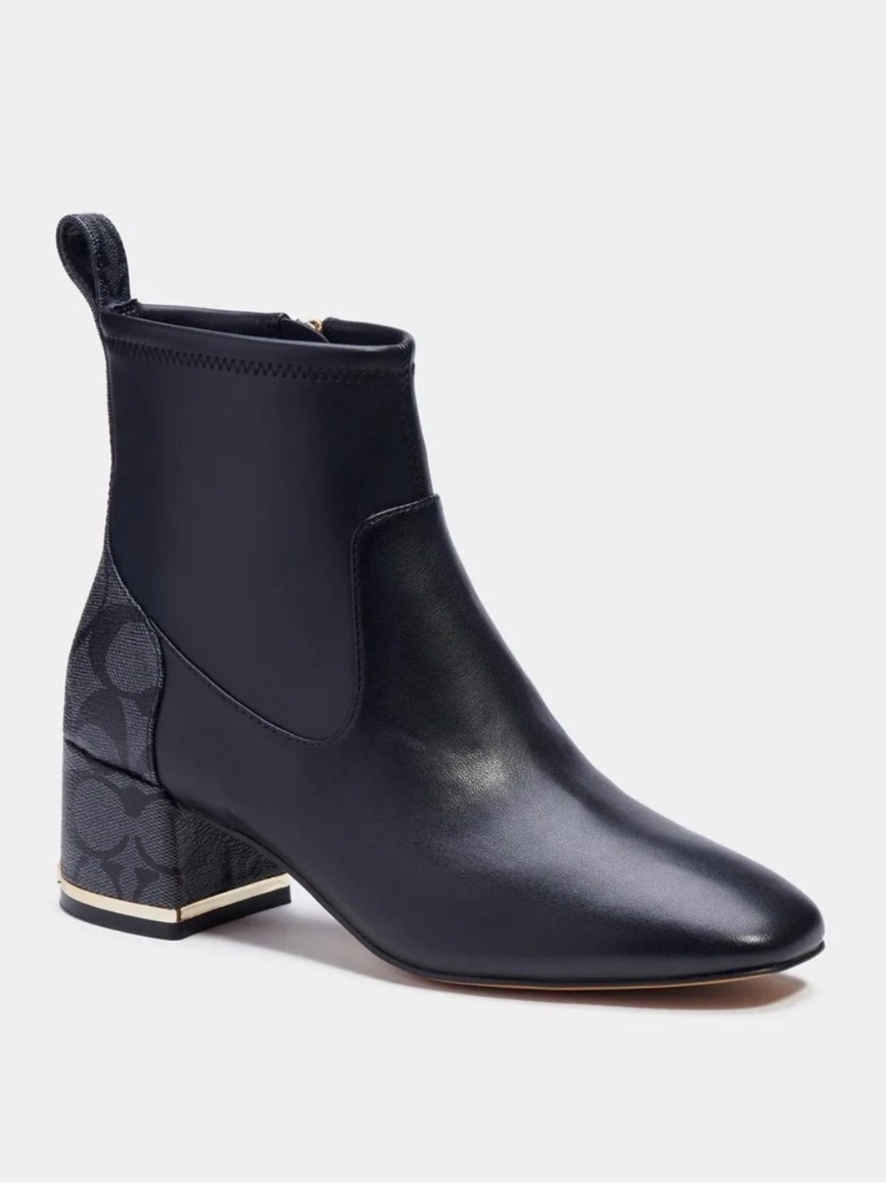 Women's Coach Black Leather Ankle Boot with Signature Heel